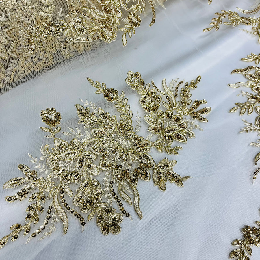 1 Yard Elegant Beaded and Corded Bridal Lace Fabric Embroidered on 100% Polyester Net Mesh White