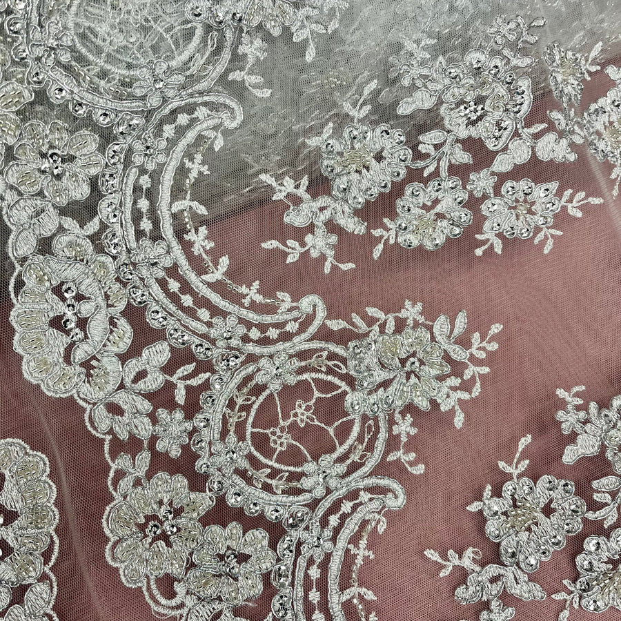 1 Yard Ivory Beaded and Corded Bridal Lace Fabric Embroidered on Polyester Net Mesh 51 Inch Width