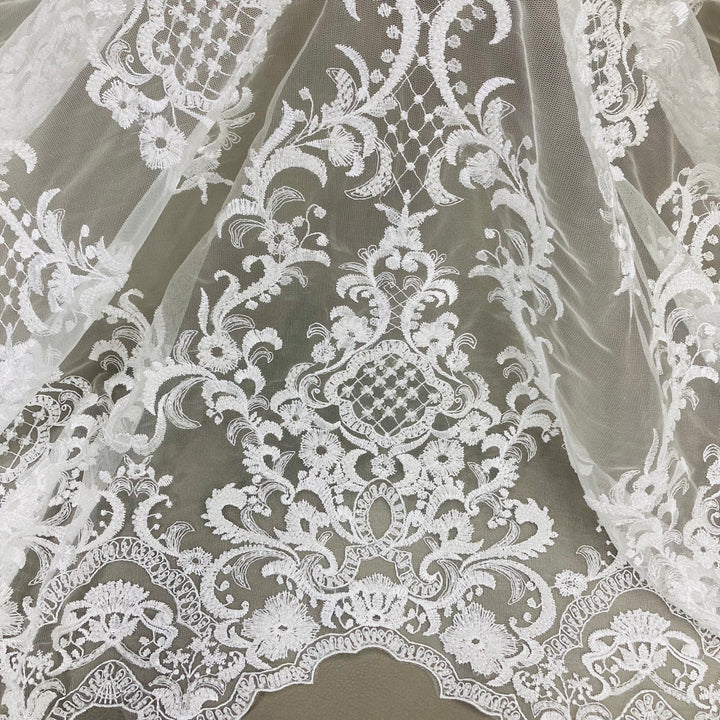 1 Yard Exquisite Beaded Lace Fabric Embroidered on 100% Polyester Net Mesh White