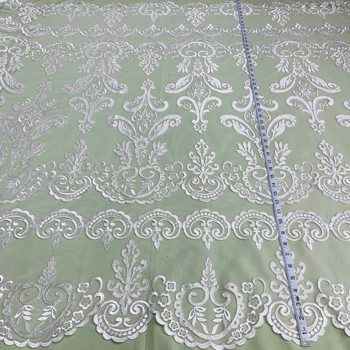 1 Yard Luxurious Corded Bridal Lace Fabric with Floral Embroidery White