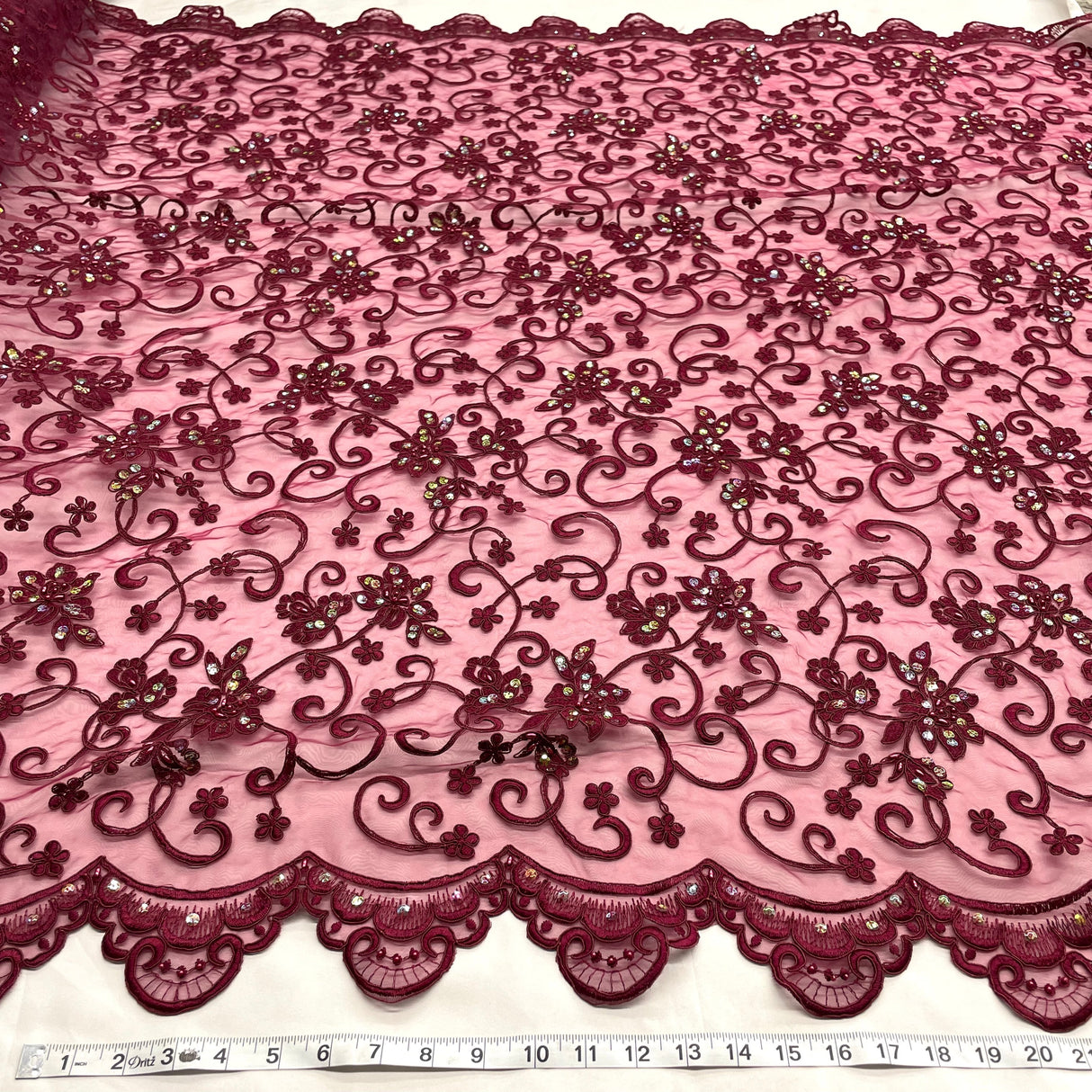 Beaded Corded Bridal Lace Fabric Wine 54"