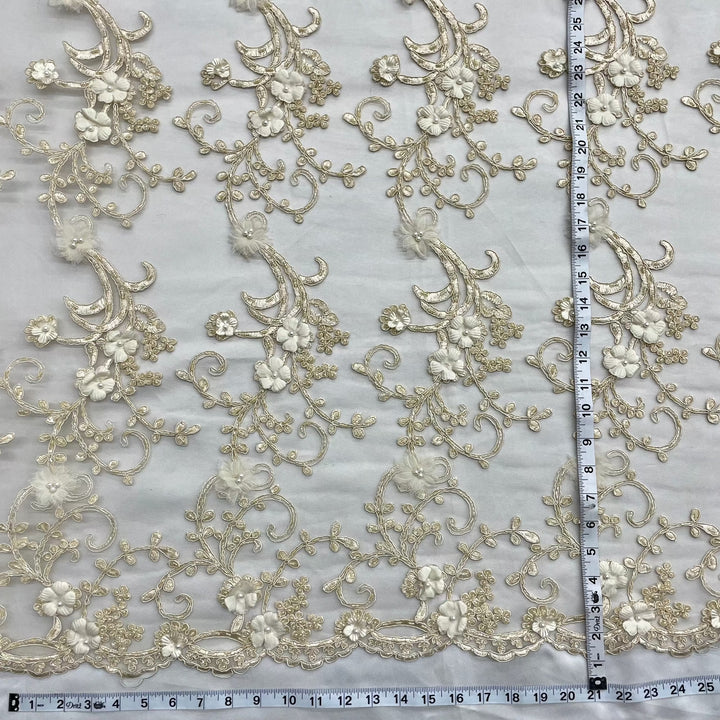 1 Yard Beaded 3D Floral Lace Fabric Embroidered on 100 Percent Polyester Net Mesh White 52 inch Width