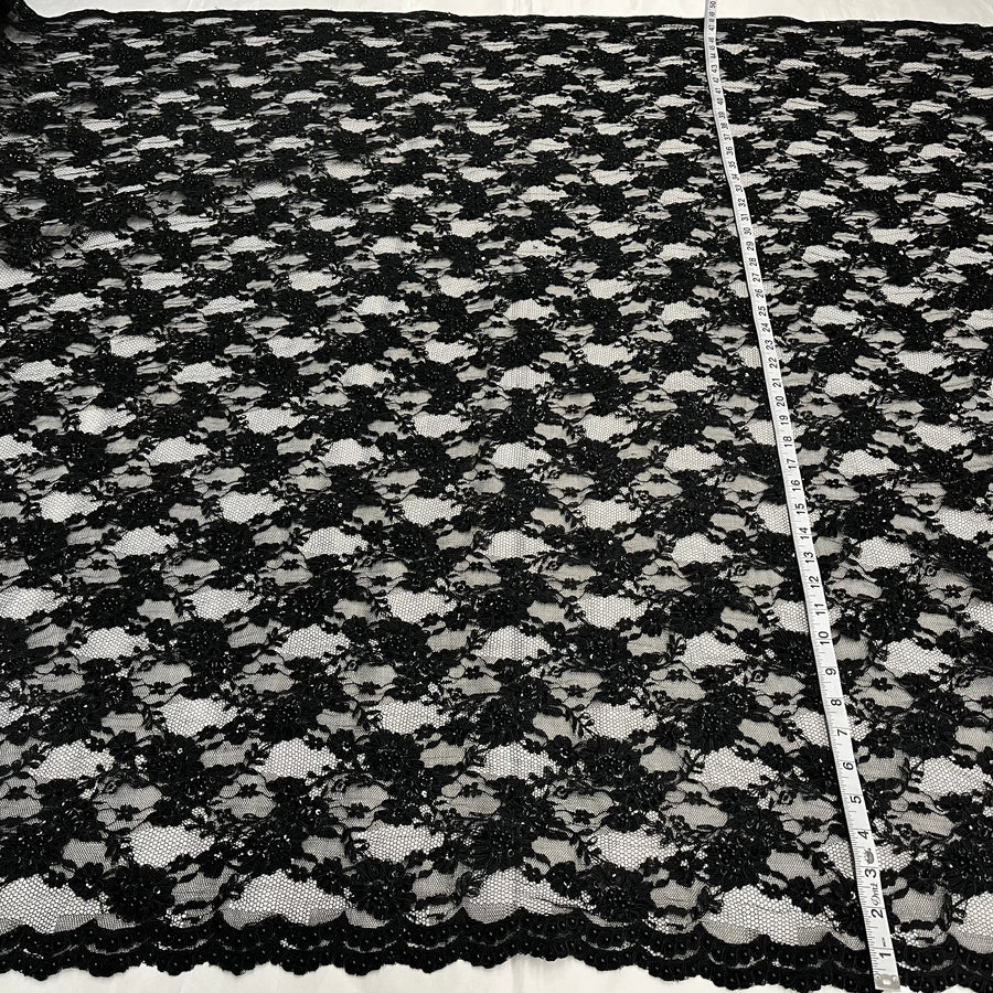 1 Yard Premium Beaded and Corded Lace Fabric Embroidered on Polyester Net Mesh