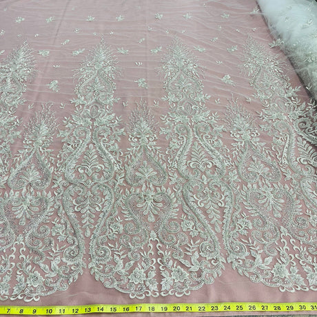 1 Yard Luxurious Beaded Lace Fabric Embroidered on Polyester Net Mesh White and Ivory