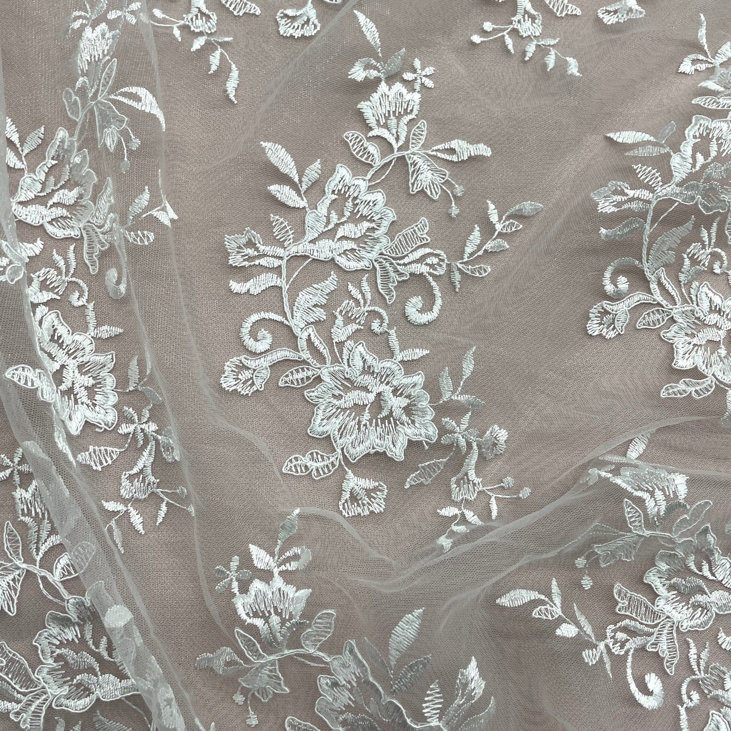 1 Yard Corded Bridal Lace Fabric Embroidered on 100% Polyester Net Mesh – 53"