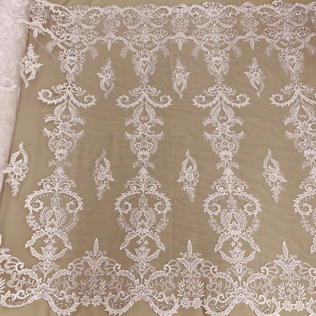 1 Yard Beaded & Corded Bridal Lace Fabric Embroidered on 100% Polyester Net Mesh
