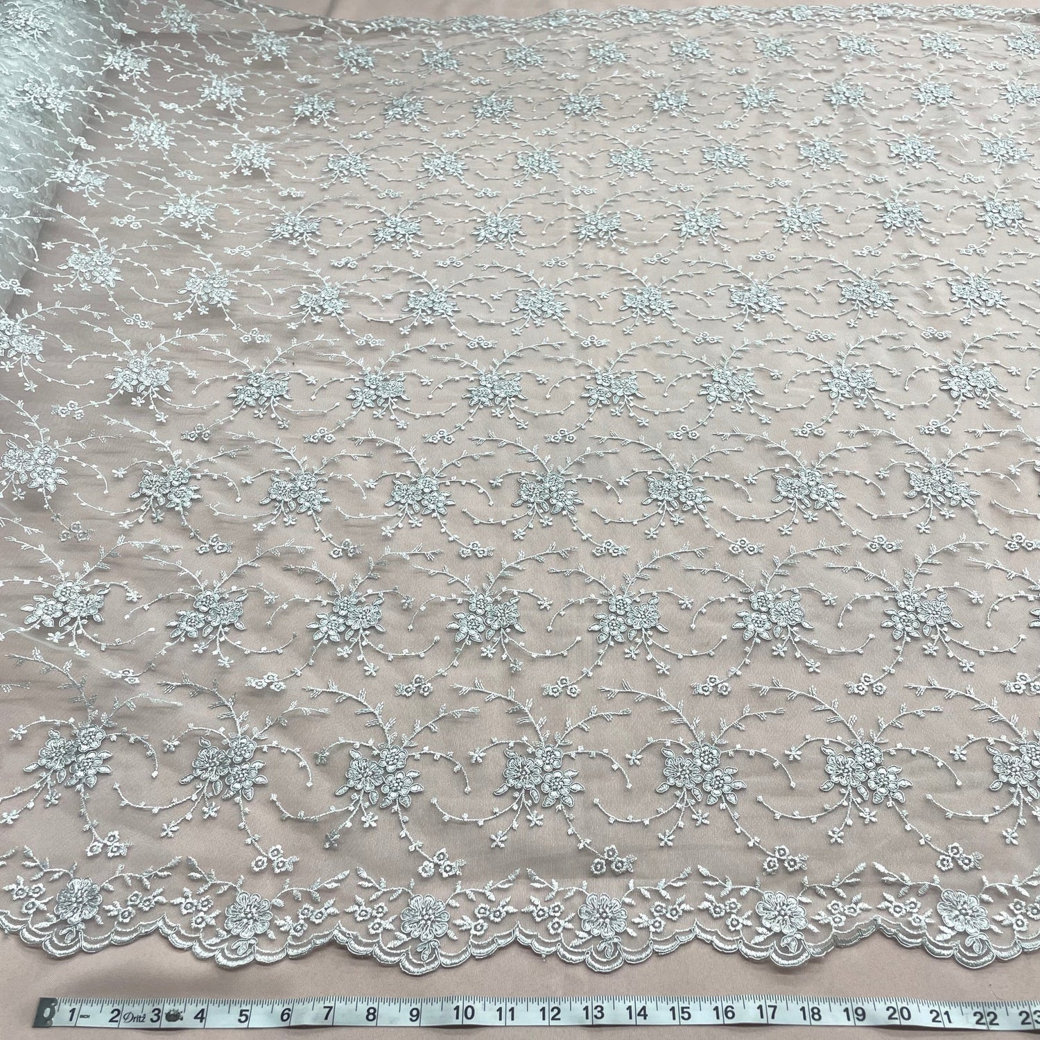 1 Yard Silver Corded Bridal Lace Fabric Embroidered on Polyester Net Mesh for Wedding and Evening Dresses – 52"