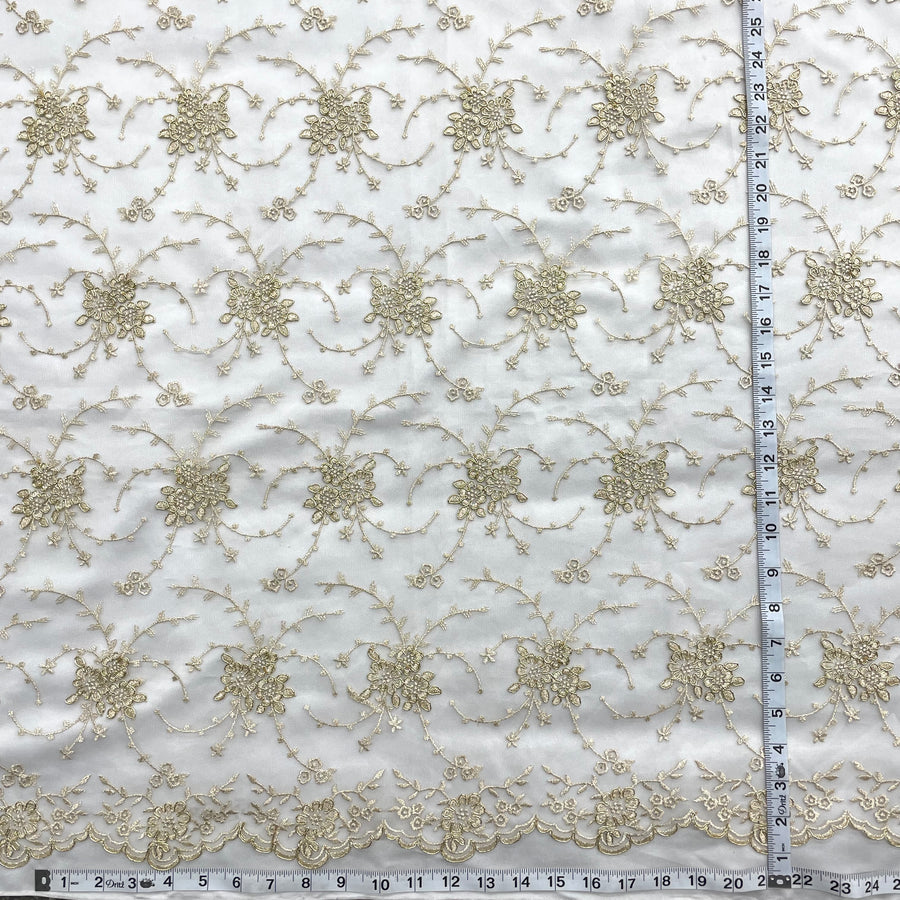 1 Yard - Corded Bridal Lace Fabric Embroidered on 100% Polyester Net Mesh - Ivory - 52"