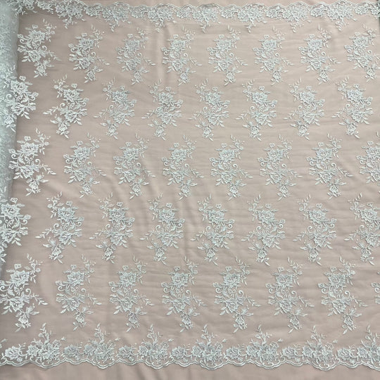 1 Yard Corded Bridal Lace Fabric Embroidered on 100% Polyester Net Mesh – 53"