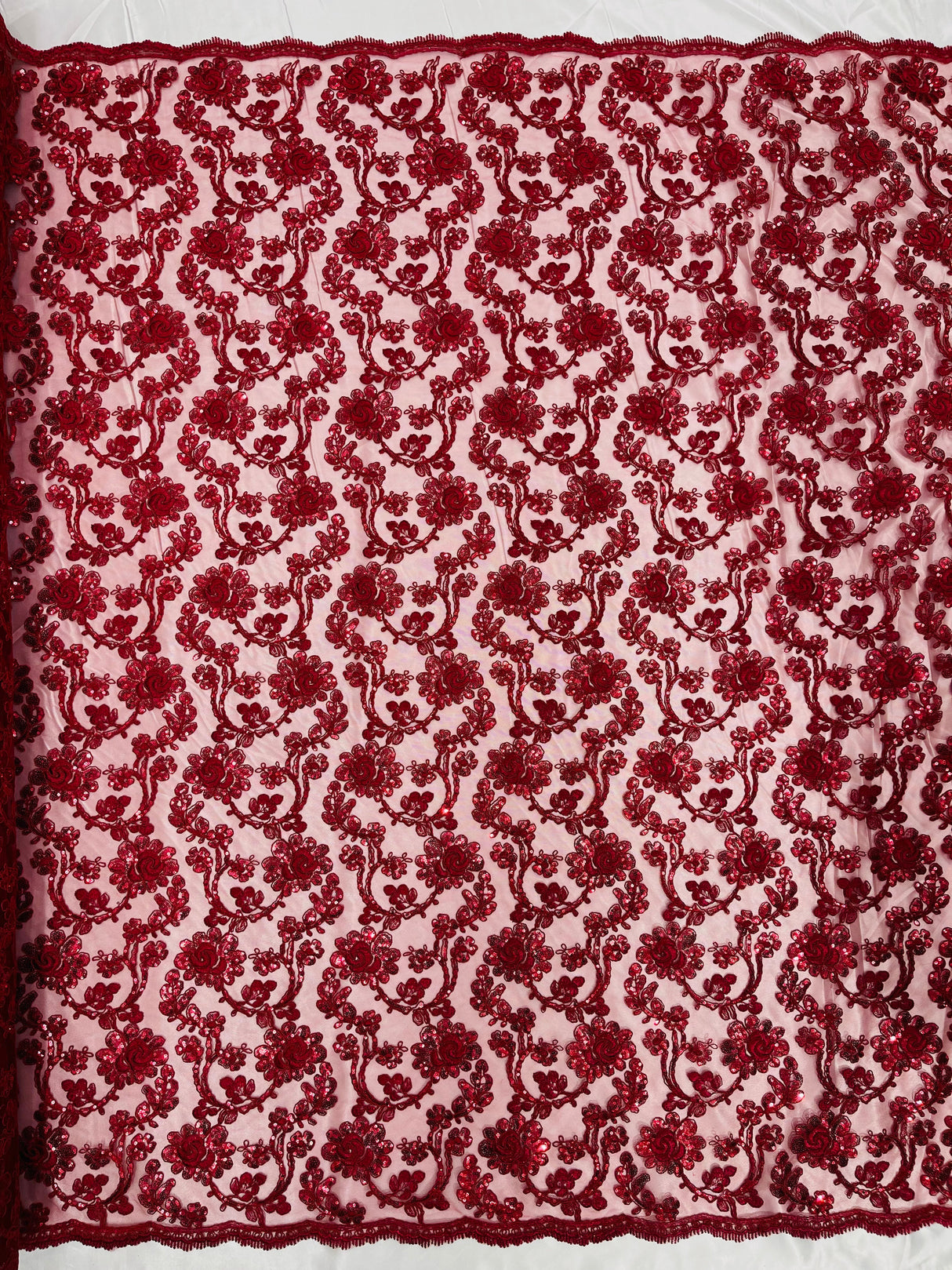 Pamela Floral Lace Polyester Fabric - Floral Corded Embroidered Sequin Lace, 50-54" Width (1 Yard)