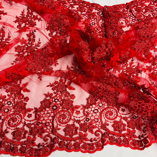 1 Yard Beaded and Corded Bridal Lace Fabric Embroidered on Polyester Net Mesh