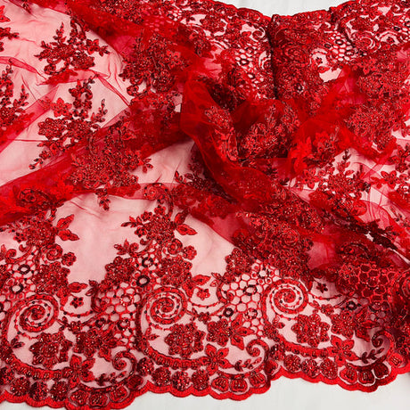 1 Yard Beaded and Corded Bridal Lace Fabric Embroidered on Polyester Net Mesh