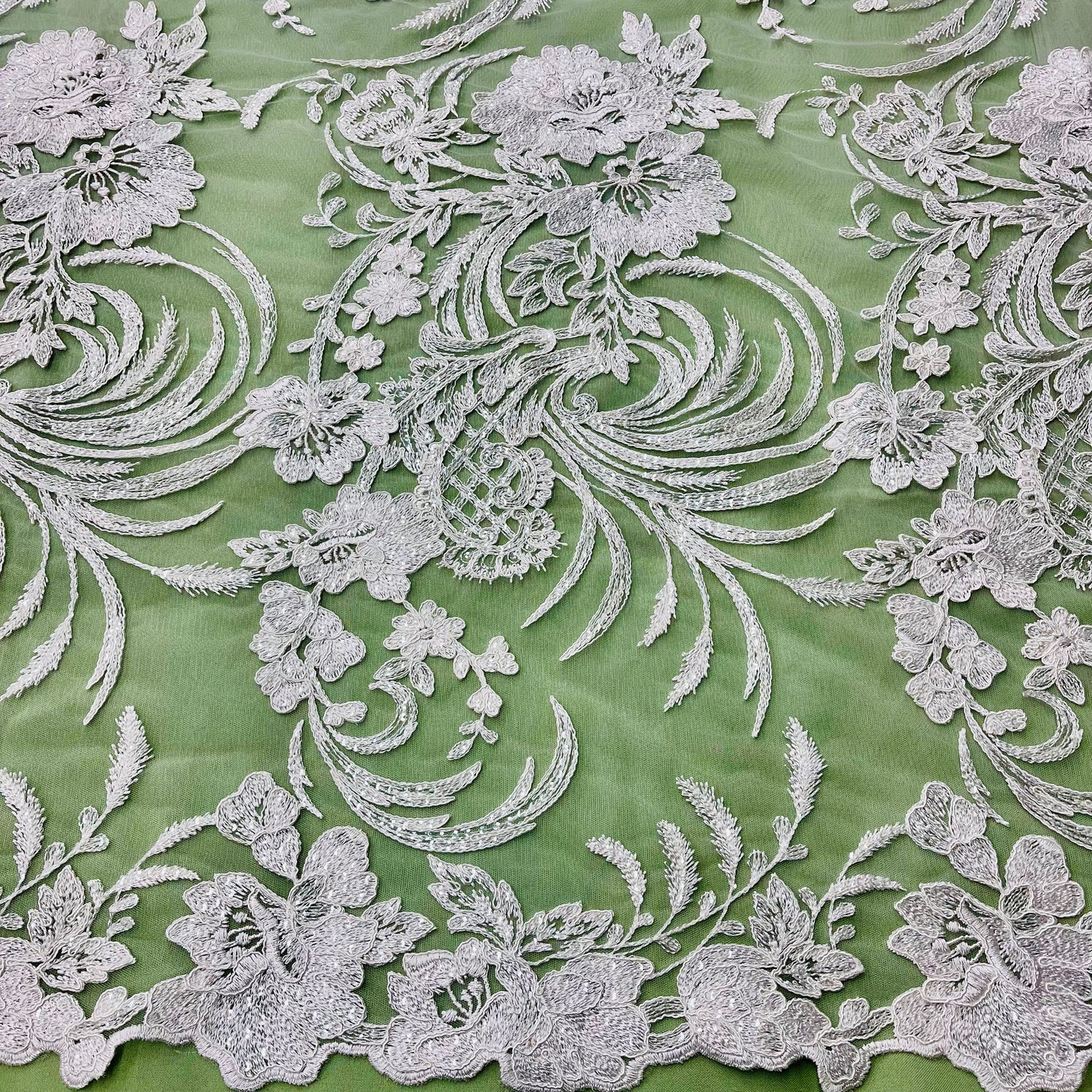 1 Yard Corded & Sequined Bridal Lace Fabric Embroidered on 100% Polyester Net Mesh – Silver – 54"