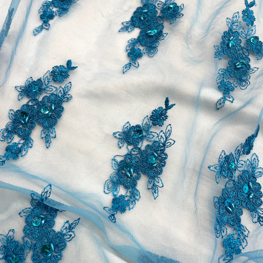 1 Yard - Beaded & Corded Lace Fabric Embroidered on 100% Polyester Net Mesh - Ivory - 53"