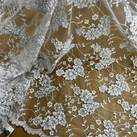 1 Yard Regal Beaded and Corded Lace Fabric Embroidered on Polyester Net Mesh