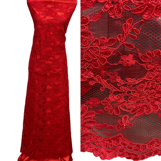1 Yard Corded Bridal Lace Fabric Embroidered on Polyester Net Mesh 54 inch Width