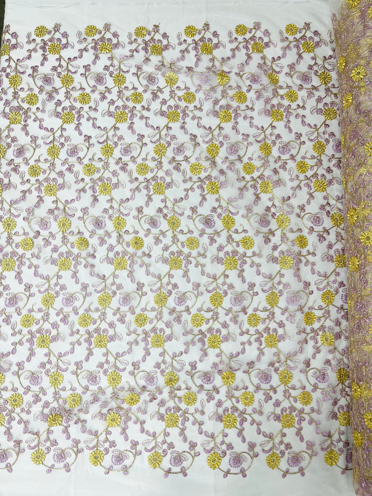 Daisy Multi Color Gold Metallic Floral Design Embroidered On A Red Mesh Lace Fabric - Red Mesh Lace, Gold Metallic Floral Design, 50" Width (1 Yard)