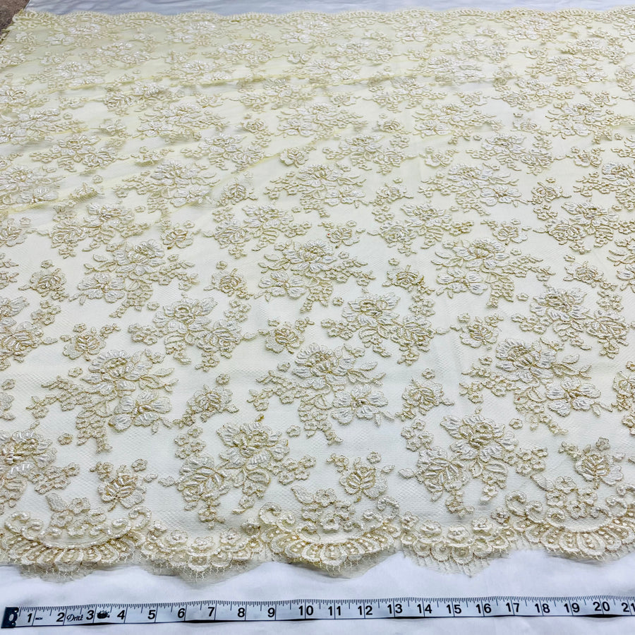 1 Yard Ivory with Gold Beaded Lace Fabric Embroidered on Polyester Net Mesh 54 Inch Width