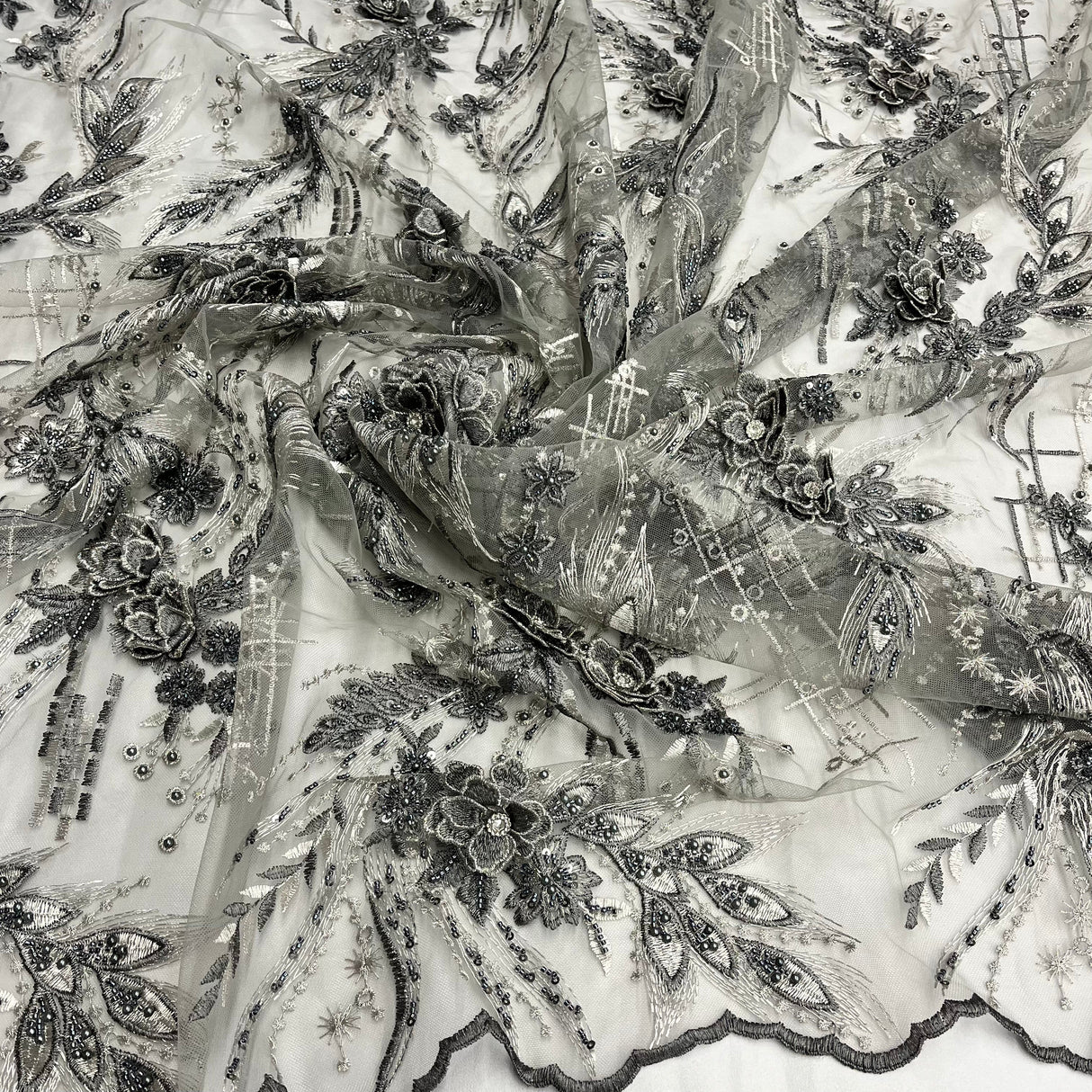 Beaded 3D Floral Lace Fabric