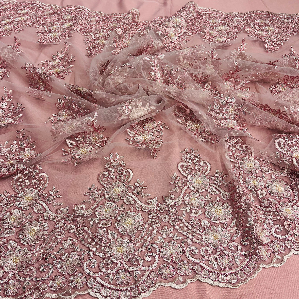 Beaded Corded Lace Fabric With Scallops