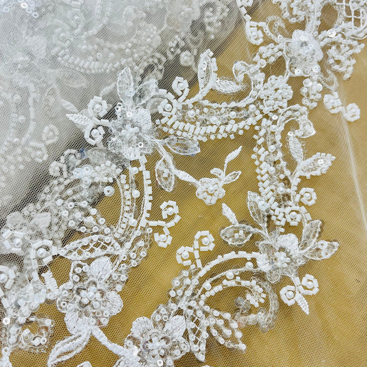 Beaded Lace Fabric on Polyester Net Mesh