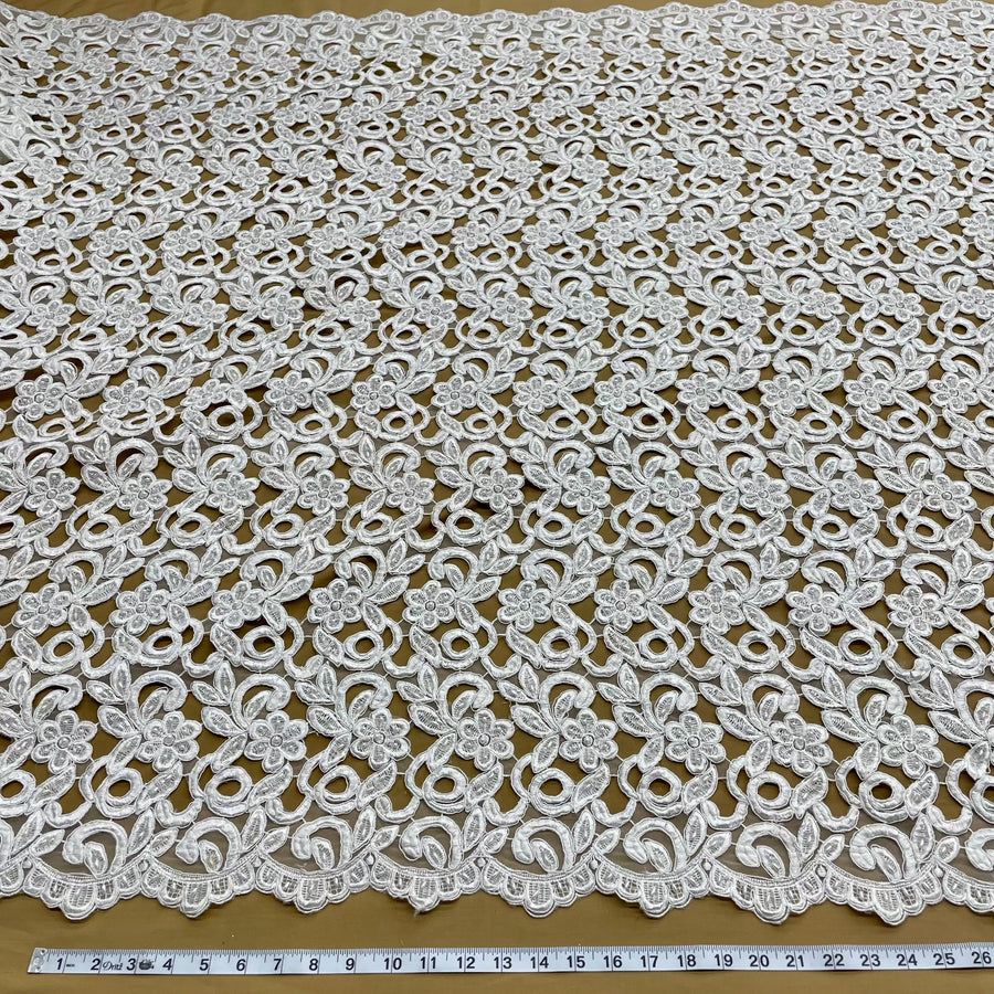1 Yard Beaded Corded Bridal Lace Fabric Embroidered on 100 Percent Polyester Net Mesh 52 Inch Width