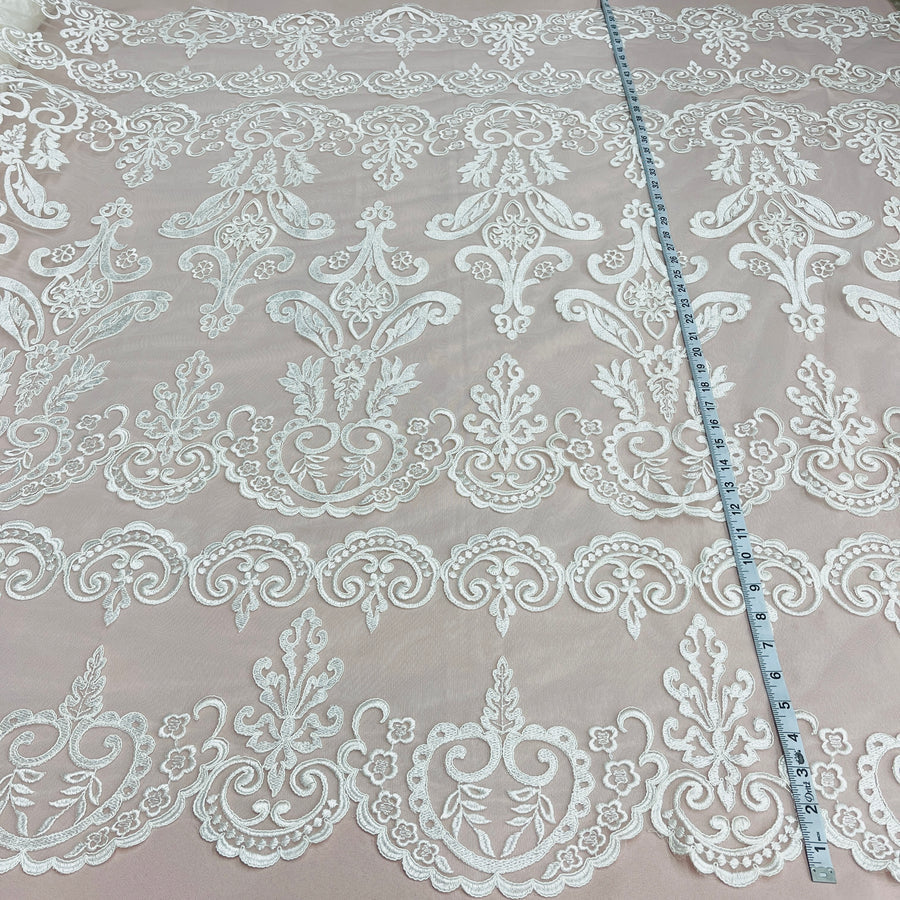 1 Yard Corded Bridal Lace Fabric Embroidered on Polyester Net Mesh