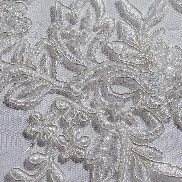 1 Yard Beaded Corded Bridal Lace Fabric Embroidered on Polyester Net White