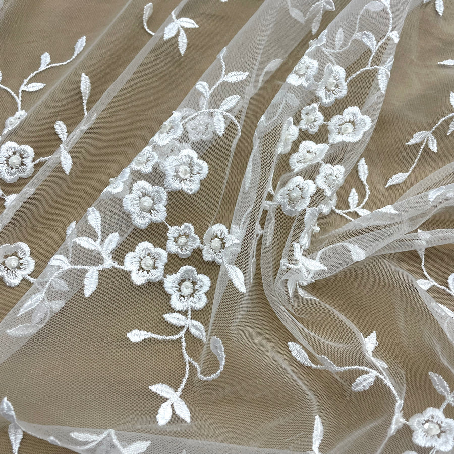 1 Yard - Beaded Lace Fabric Embroidered on 100% Polyester Net Mesh - Ivory - 52" | Lace USA - 41802W-BP