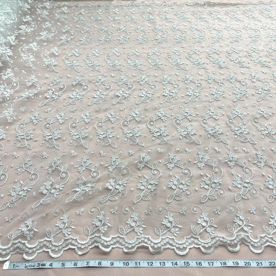 1 Yard Corded Bridal Lace Fabric Embroidered on Polyester Net Mesh for Elegant Wedding and Evening Gowns – 54"