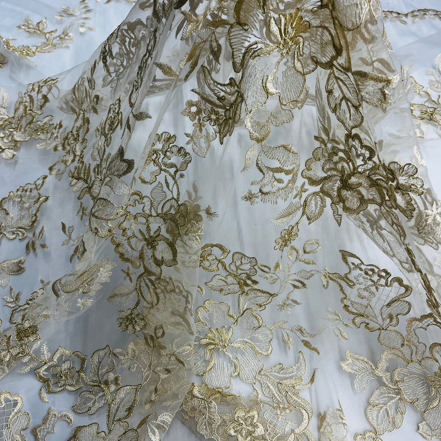 1 Yard - Corded Bridal Lace Fabric Embroidered on 100% Polyester Net Mesh - 53"