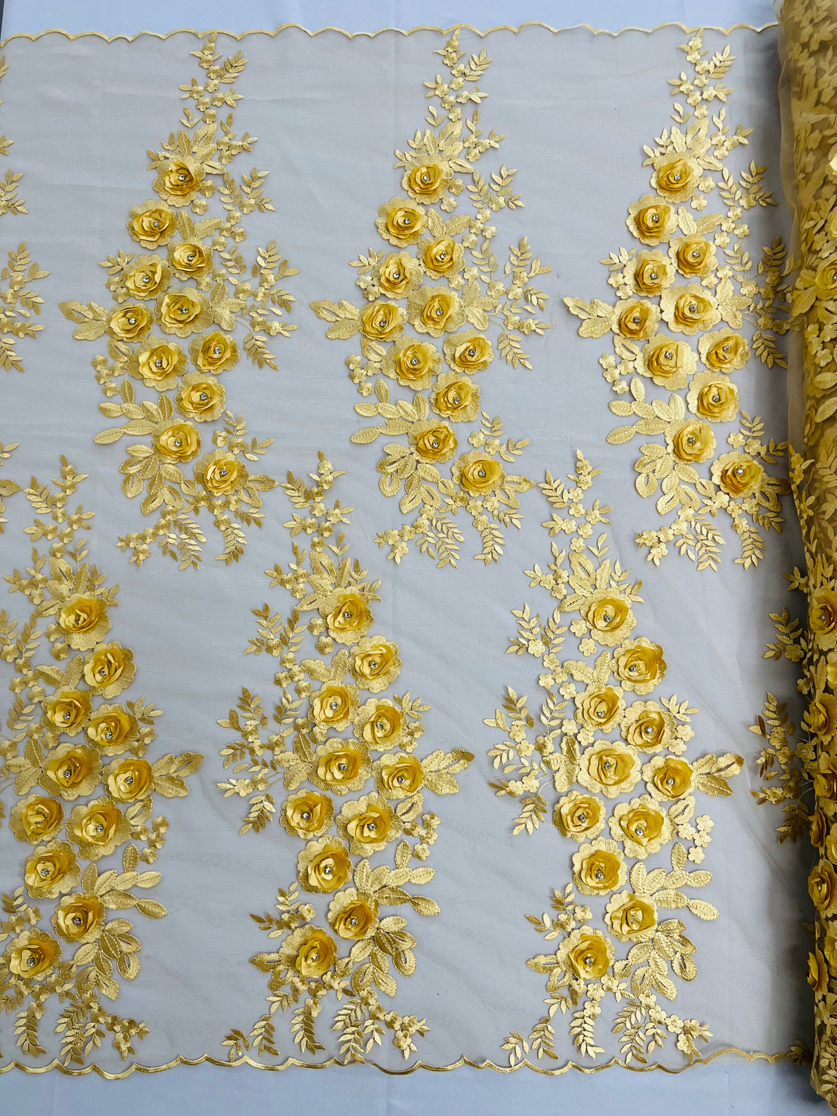 Rosa 3D Floral Design With Rhinestones Polyester Fabric - 3D Floral Embroidered Mesh Lace, 54" Width (1 Yard)
