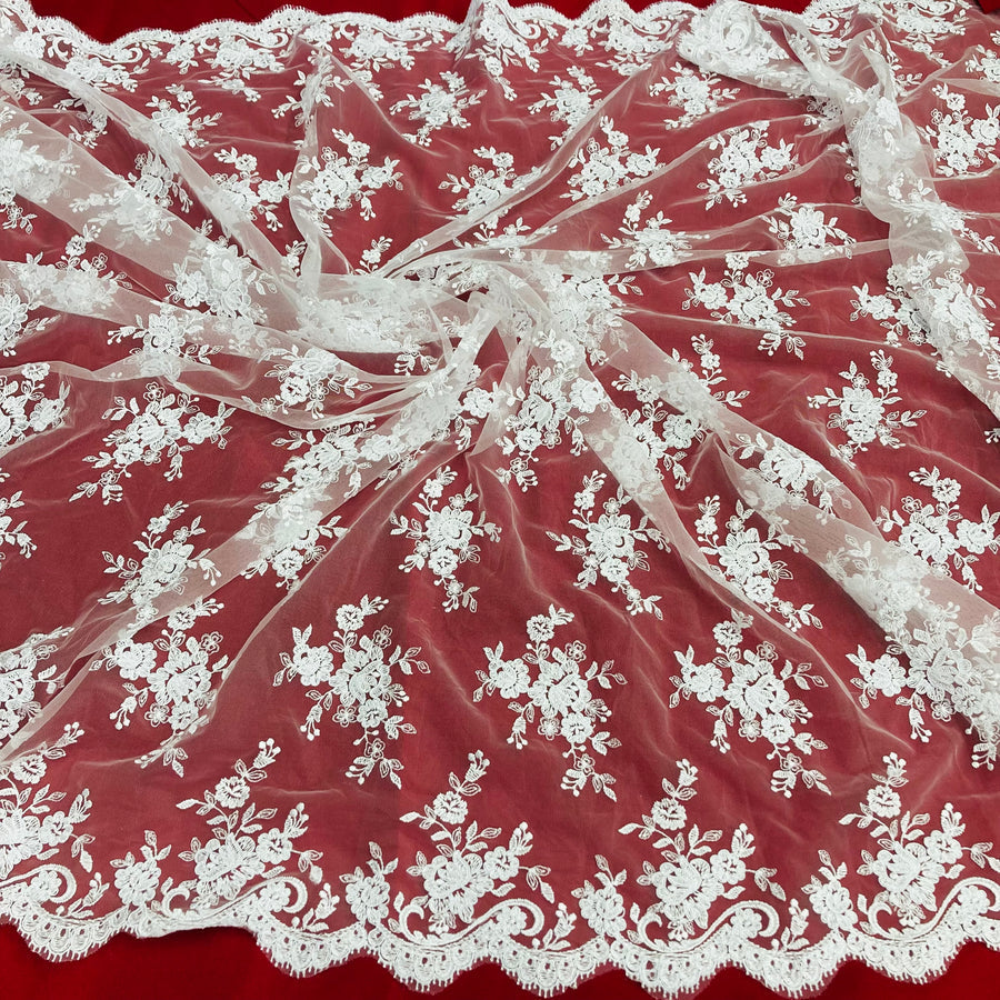 1 Yard - Corded Bridal Lace Fabric Embroidered on 100% Polyester Net Mesh - Ivory with Silver - 56"