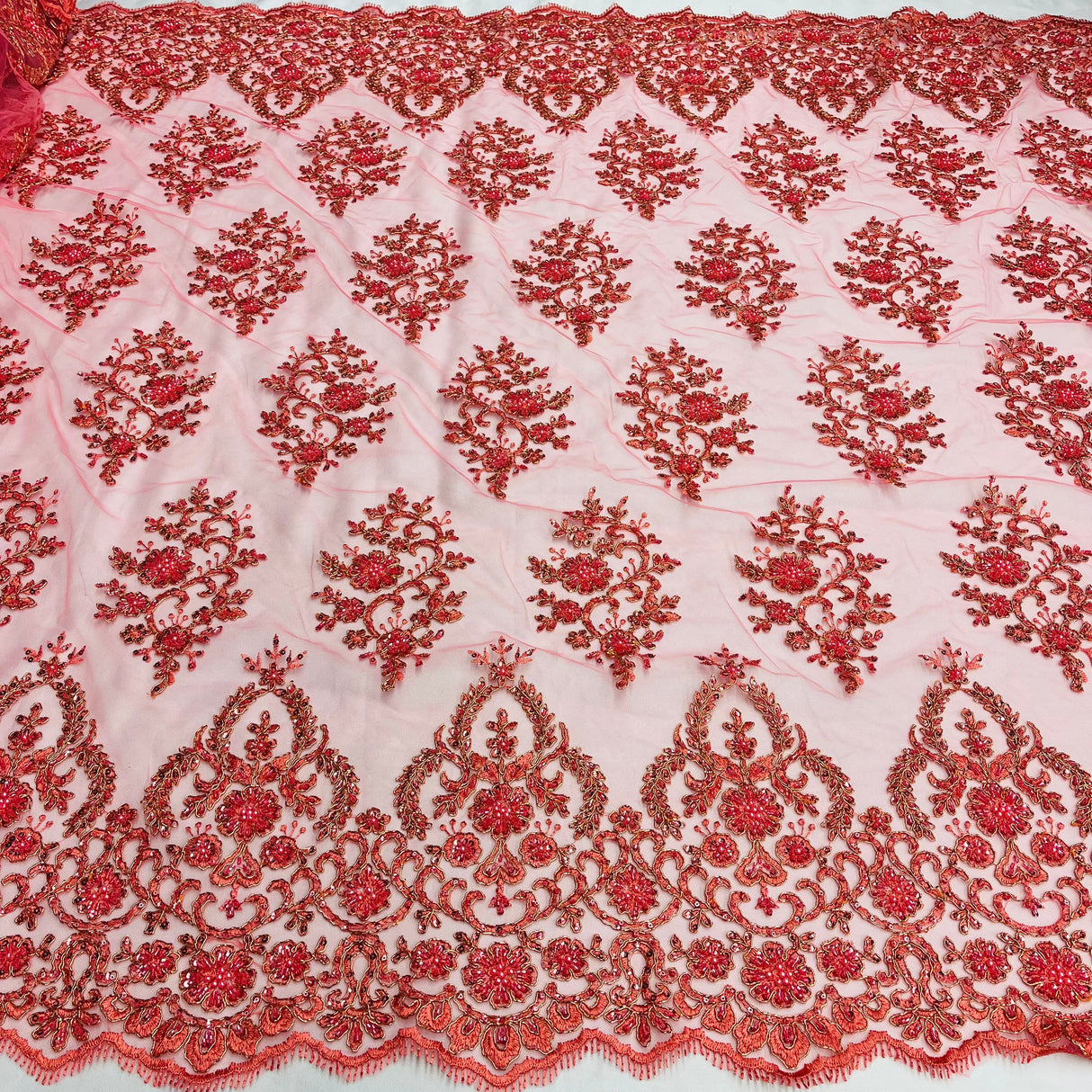 Beaded Corded Bridal Lace Polyester Fabric - Embroidered Net Mesh, Royal Blue, 53" Width (1 Yard)
