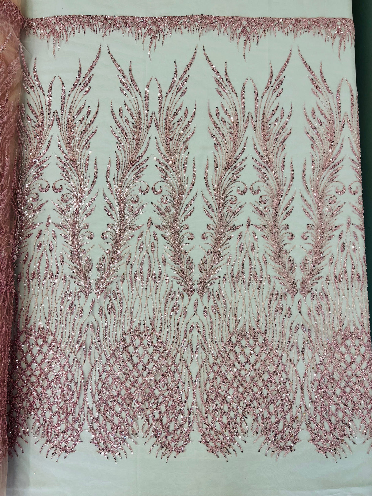 Wing Feather Damask Beaded Lace Fabric - Feather Damask, Beaded Mesh Lace, 50-54" Width (1 Yard)