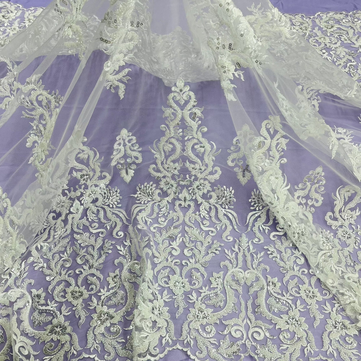 Beaded Sequined Lace Fabric Ivory