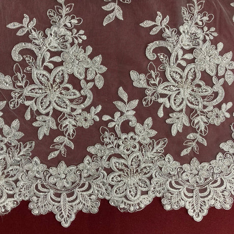 1 Yard Premium Beaded and Corded Bridal Lace Fabric Embroidered on 100% Polyester Net Mesh White