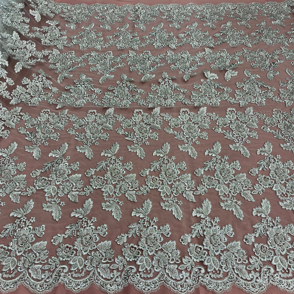 Beaded Corded Bridal Lace Polyester Fabric - Gold Metallic, Silver Metallic, White, Ivory, Rose Gold, Hunter Green, 51" Wide (1 Yard)