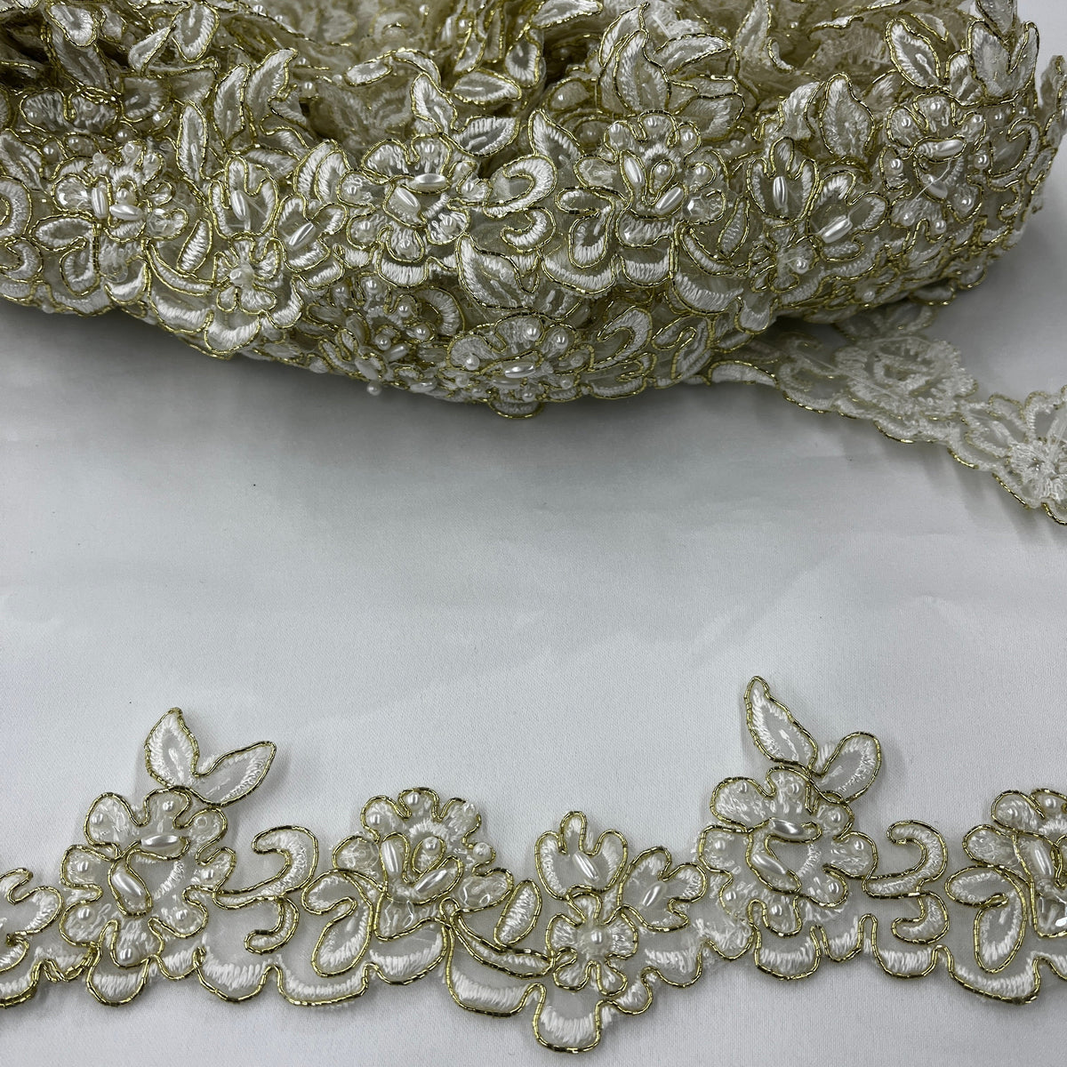 1 Yard Elegant Beaded & Corded Embroidered Lace Trim on Sheer Polyester Organza, Style 95943N-BP