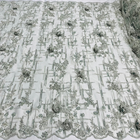 1 Yard Beaded Rhinestone 3D Floral Lace Fabric Embroidered 100 Percent Polyester Net Mesh 50 inch Width