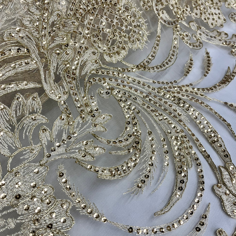 1 Yard - Corded & Sequined Bridal Lace Fabric Embroidered on 100% Polyester Net Mesh - 54"