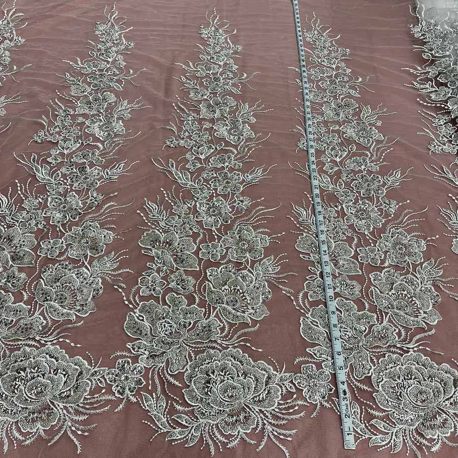 1 Yard Ivory Beaded Lace Fabric Embroidered on 100 Percent Polyester Net Mesh 52 Inch Width
