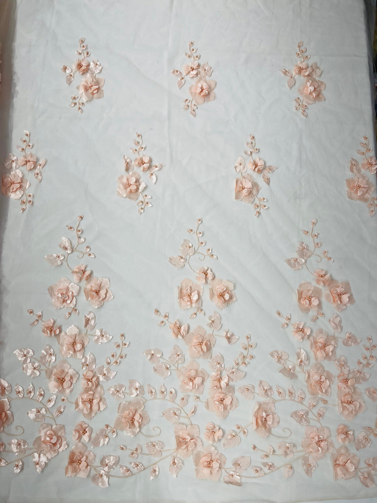 Orquidia 3D Floral Design Embroidered With Pearls Lace Fabric - 3D Floral Mesh Lace, 54" Width (1 Yard)