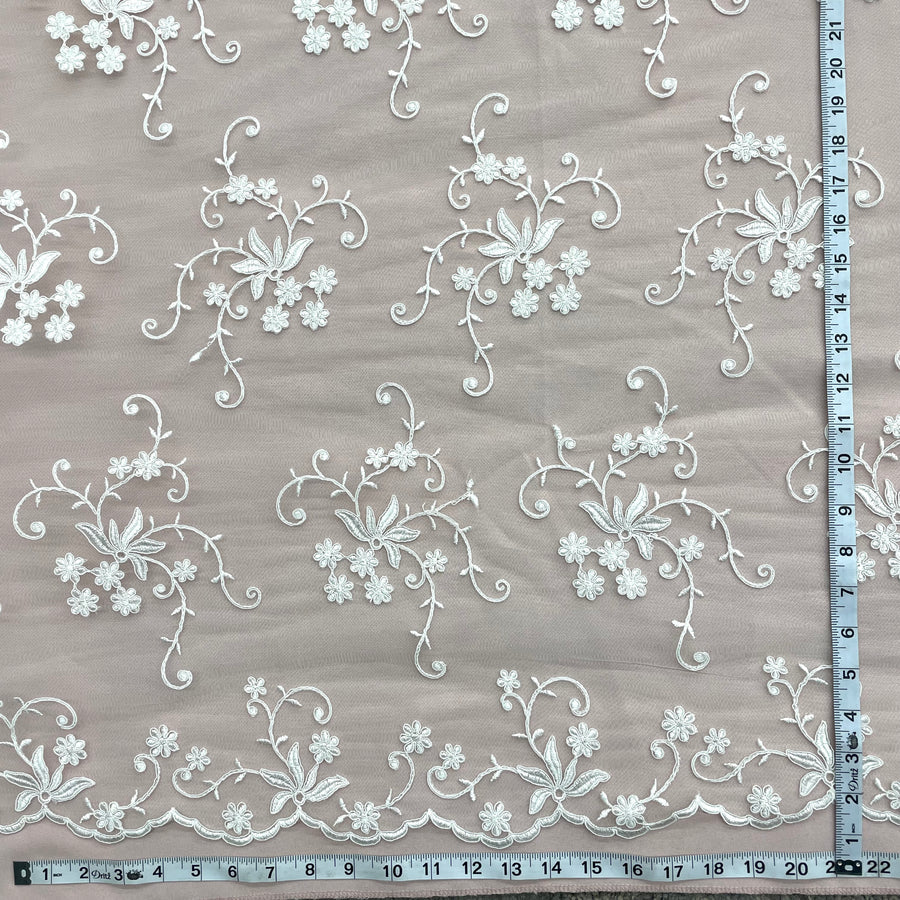 1 Yard - Corded Bridal Lace Fabric Embroidered on 100% Polyester Net Mesh - Ivory - 54"