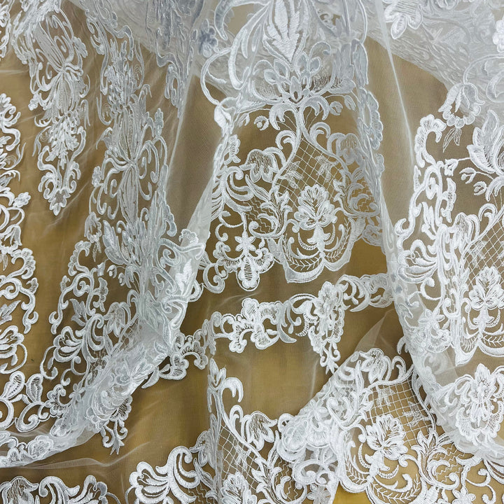 1 Yard Elegant Corded Bridal Lace Fabric Embroidered on 100% Polyester Net Mesh White