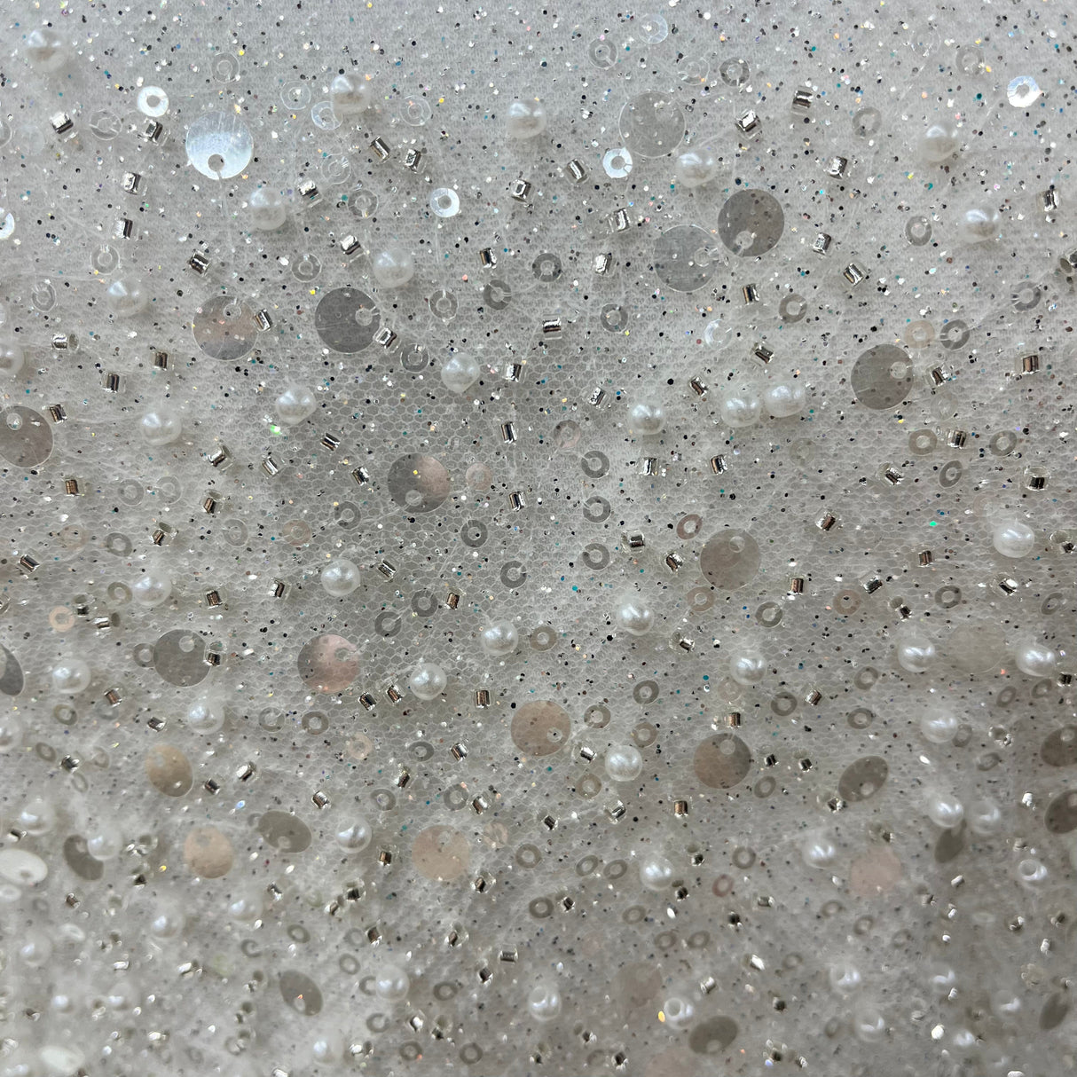 Beaded Sequined Lace Fabric Off White Silver