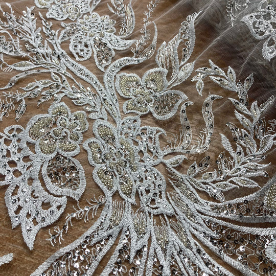 1 Yard Elegant Beaded and Sequined Lace Fabric Embroidered on Polyester Net Mesh