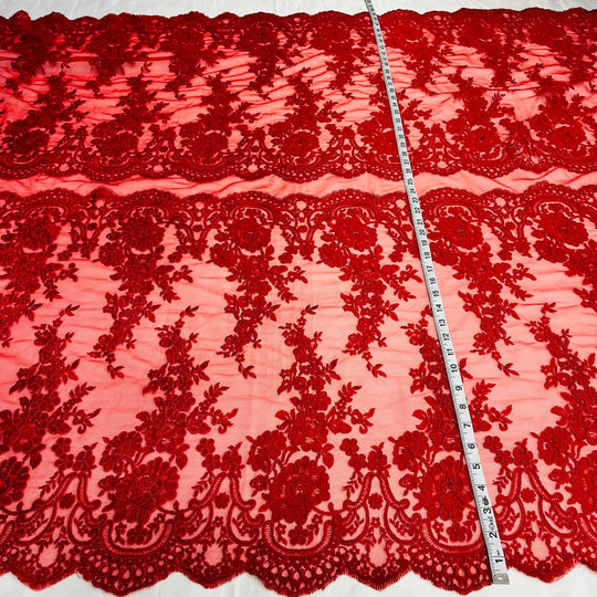 1 Yard Silver Corded Bridal Lace Fabric Embroidered on Polyester Net Mesh Elegant Floral 50 Inch Width