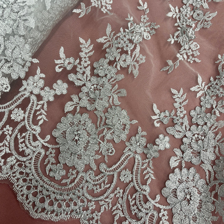 1 Yard Corded Bridal Lace Fabric Embroidered on Net Mesh White