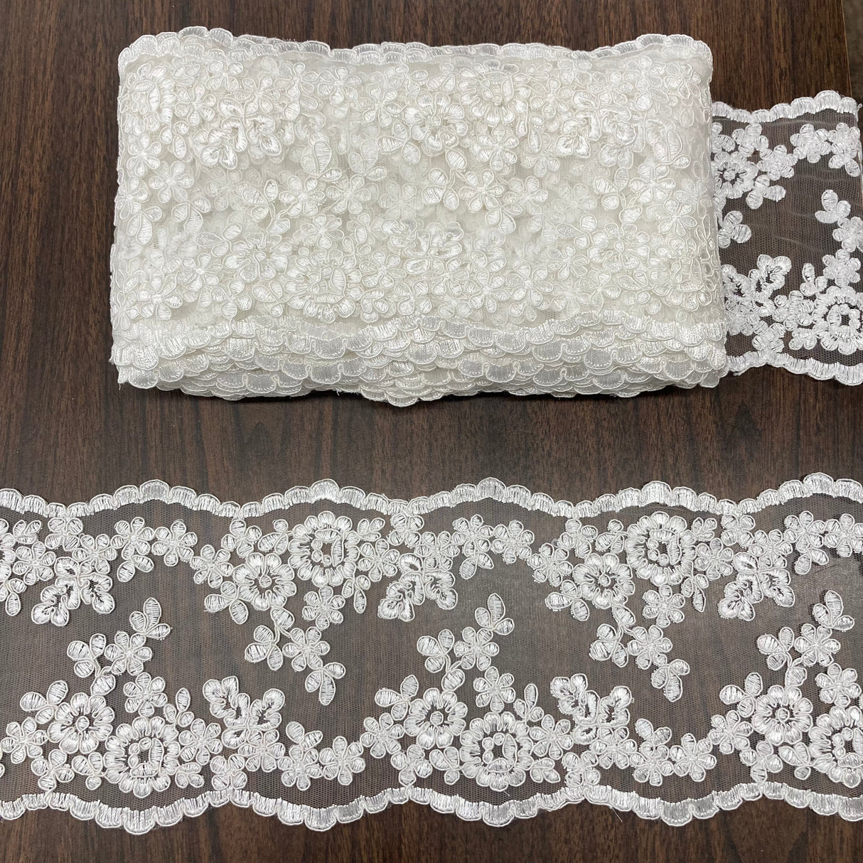 Corded Double Sided Lace Trimming Polyester Fabric - Gold Metallic, Ivory With Silver Cording, Ivory, White With Silver Cording, White, Silver Metallic, 6" Width (1 Yard)